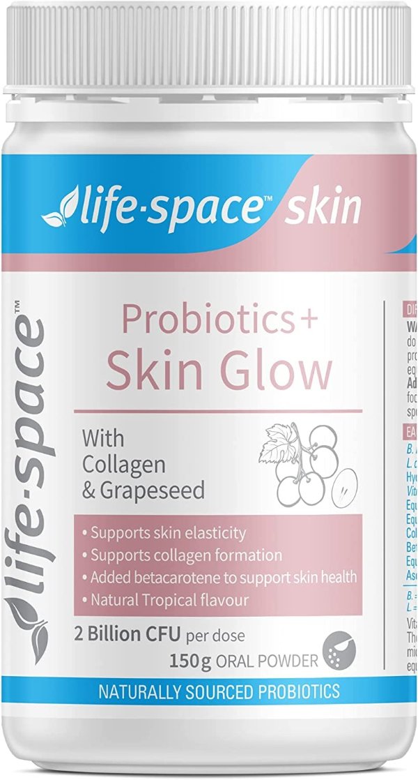 -Space Skin Glow Probiotic Powder, 2 Billion CFU, 2.6g Hydrolysed Marine Collagen, Supports Skin Elasticity & Hydration, Grape Seed Exact, Vitamin C & A - Natural Tropical Flavor, 150g
