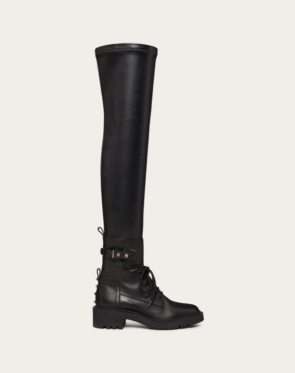 Valentino Garavani Rockstud Over-the-Knee Combat Boot in Calfskin and Synthetic Fabric 45 mm for Woman | Valentino Online Boutique