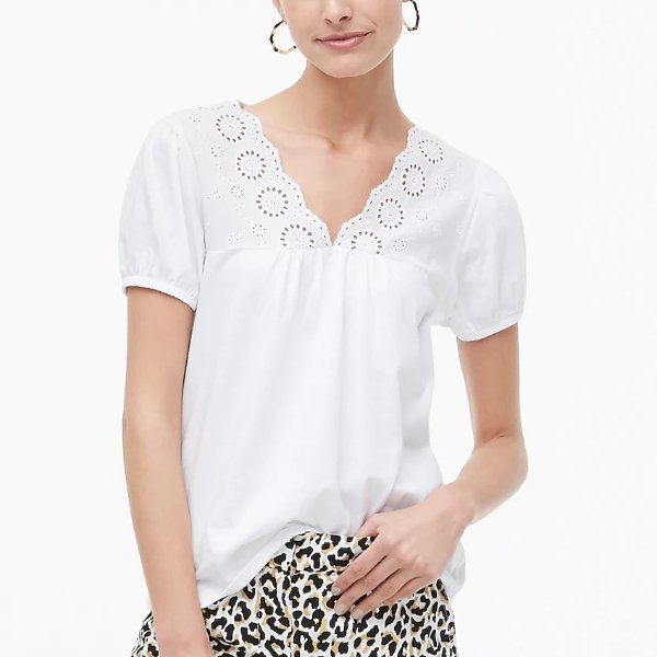 Eyelet-embroidered puff-sleeve top
