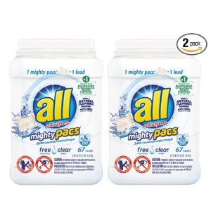 all Mighty Pacs Free Clear, Super Concentrated Laundry Detergent, 67 Count Tub, FFP (Pack of 2) @ Amazon