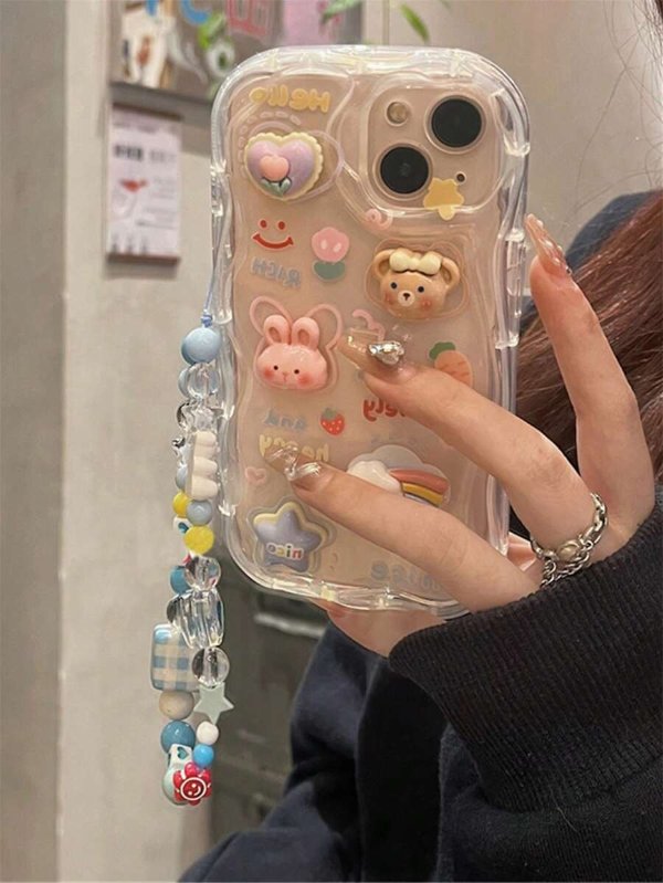 3D Cartoon Rabbit Decor Clear Phone Case With Lanyard Compatible With IPhone15/15Plus/15Pro/15Promax Kawaii