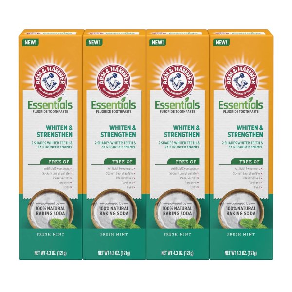 Essentials Whiten & Strengthen Fluoride Toothpaste-4 Pack of 4.3oz Tubes, Fresh Mint- 100% Natural Baking Soda- Fluoride Toothpaste