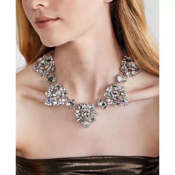 Silver-Tone Crystal Bib Necklace, 17"+3" extender, Created for Macy's