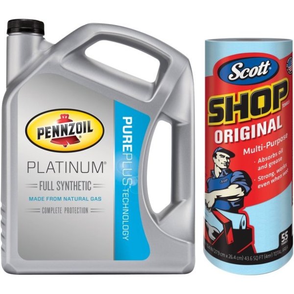 Pennzoil 0W20 Platinum Full Synthetic Motor Oil, 5 Qt with Scott &apos;Original Blue&apos; Shop Towels, (1 Roll of 55 sheets) Kimberly-Clark Bundle