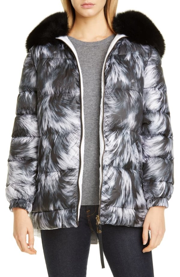 Reversible Fur Print Down Puffer Coat with Removable Genuine Fox Fur Trim