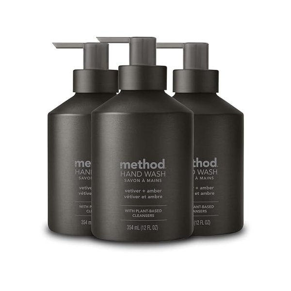 Gel Hand Soap, Vetiver + Amber, Reusable Black Aluminum Bottle, Biodegradable Formula, 12 oz (Pack of 3)