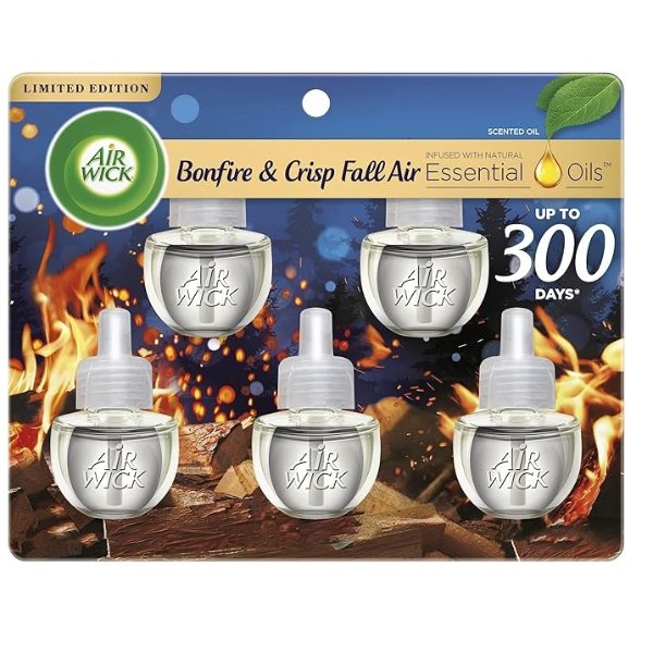 Air Wick Plug in Scented Oil Refill, 5ct, Bonfire and Crisp Fall Air, Essential Oils, Air Freshener Fall Scent, Fall decor
