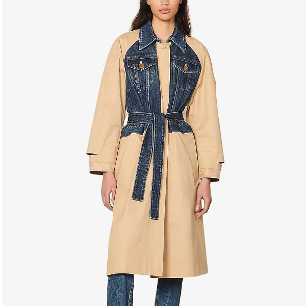 Belted cotton and denim trench coat