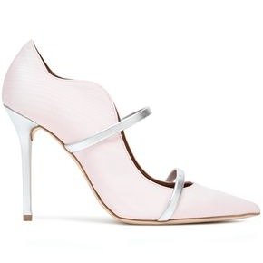Maureen metallic leather-trimmed moire pumps