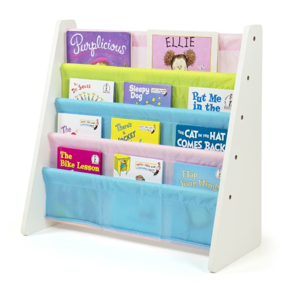 Kids Book Rack with Fabric Sling Sleeves, Multiple Colors