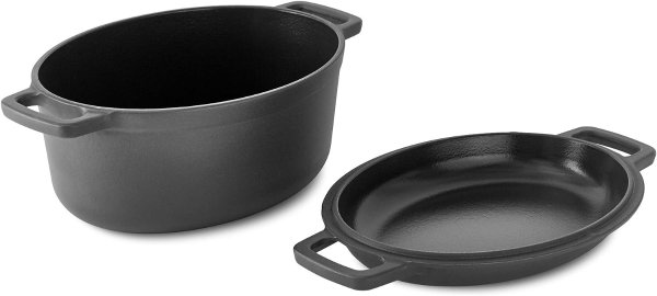 Zakarian by6 Qt Nonstick Cast Iron Double Dutch Oven, Oval Pot with 2-in-1 Skillet Lid, Black