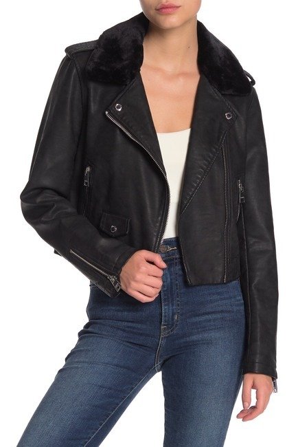 Faux Shearling Collar Faux Leather Moto Jacket