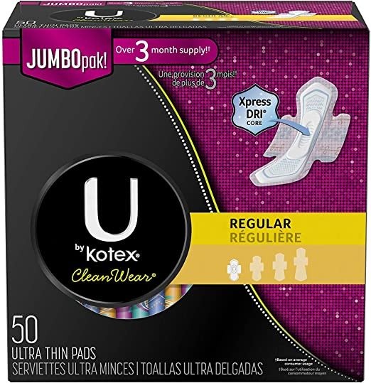CleanWear Ultra Thin Pads with Wings, Regular, Fragrance-Free, 50 Count