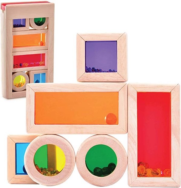 Top Right Toys Color Mixing and Stacking Building Blocks Colors, Shapes and Sounds Rainbow Preschool Learning Wooden Construction Toys Educational Fun for Toddler Kids Girls and Boys, 7 Piece Set