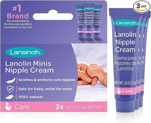 Lanolin Nipplecreams for Breastfeeding, 100% Natural Nipple Cream, 3 Mini Tubes (0.25 oz each)