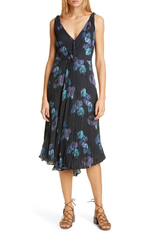 Painted Floral Twist Front Sleeveless Plisse Dress