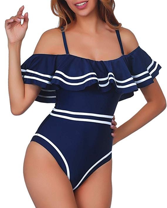 Elegant Taste Women 1 Piece Vintage Navy Ruched Flounce Off Shoulder Swimwear High Waisted Swimsuit Monokini