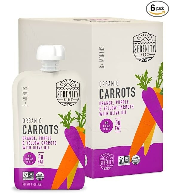Serenity Kids 6+ Months USDA Organic Veggie Puree Baby Food Pouches | No Sugary Fruits or Added Sugar | Allergen Free | 3.5 Ounce BPA-Free Pouch | Carrots | 6 Count