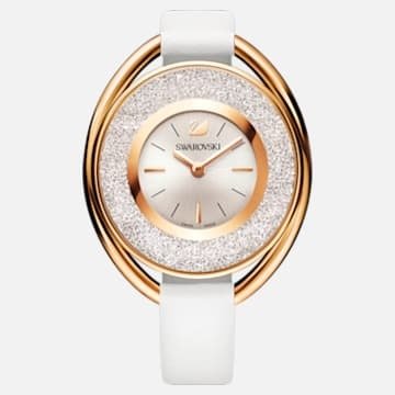 Crystalline Oval Watch, Leather strap, White, Rose-gold tone PVD by SWAROVSKI