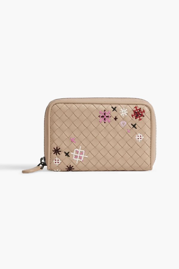 Embroidered intrecciato leather wallet