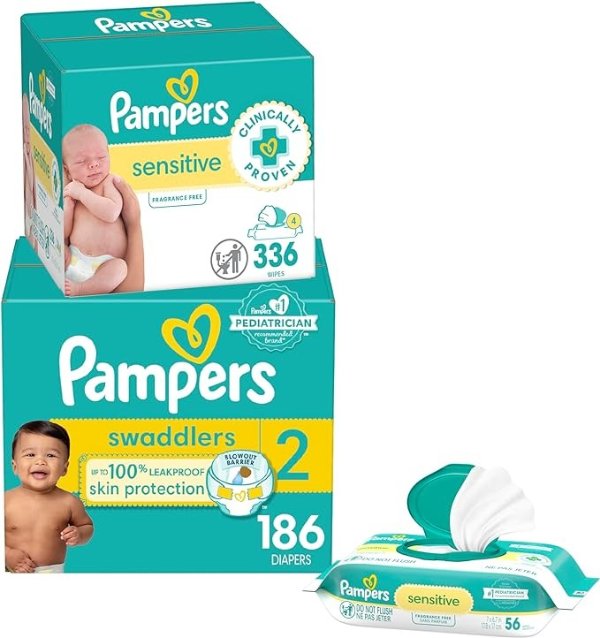 Diapers Size 2, 186 Count and Baby Wipes - Pampers Swaddlers Disposable Baby Diapers and Water Baby Wipes Sensitive Pop-Top Packs, 336 Count (Packaging May Vary)