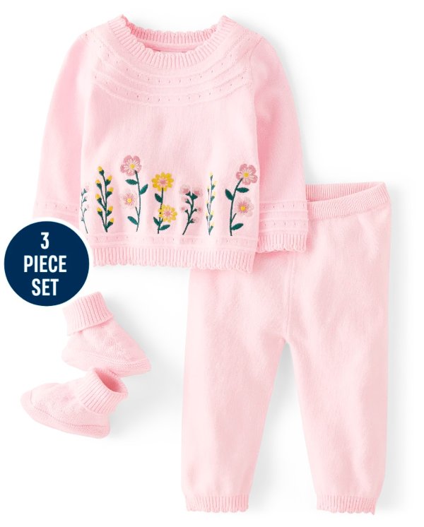 Baby Girls Embroidered Floral Sweater 3-Piece Outfit Set - Homegrown by Gymboree - rose mist