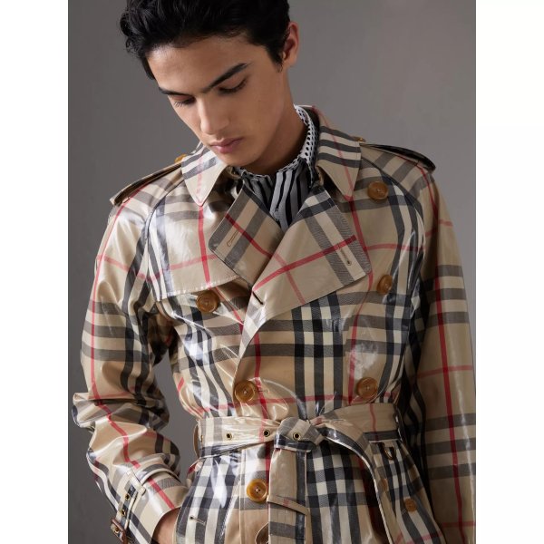 Laminated Check Cotton Trench Coat