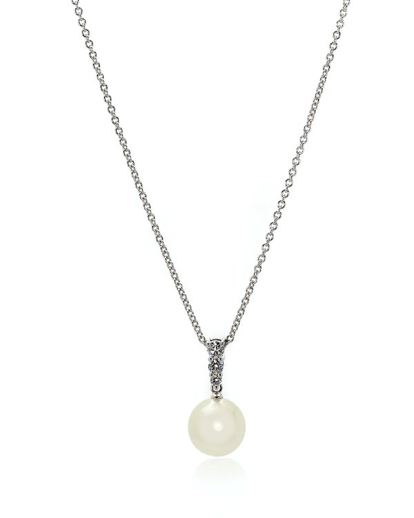 18k White Gold Diamond 0.25ct & White South Sea Pearl Pendant Necklace