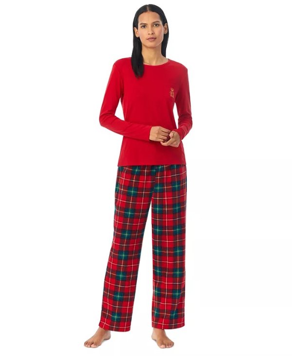 Women's 2-Pc. Knit-Top Fleece-Pant Pajamas Set