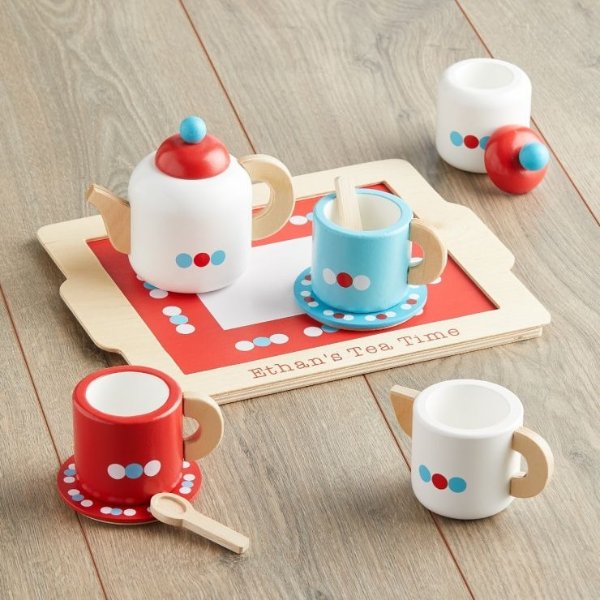 Personalized Blue & Red Wooden Toy Tea Set