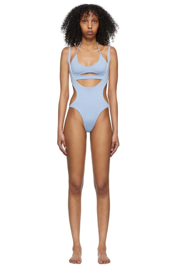 Blue Polyester One-Piece Swimsuit