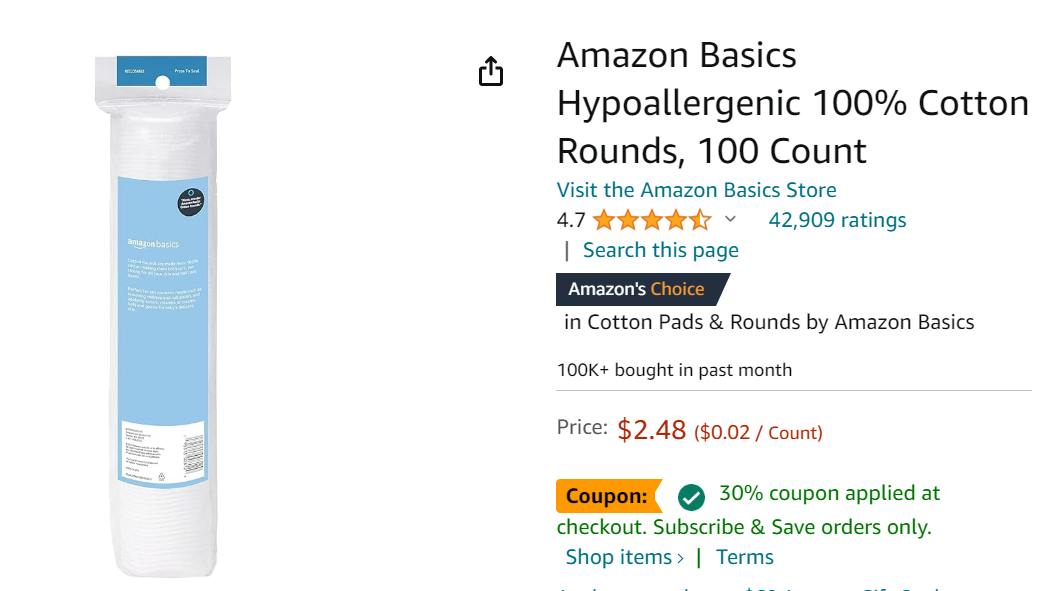 亚马逊圆形纯棉化妆棉100片Amazon Basics Hypoallergenic 100% Cotton Rounds, 100 Count
