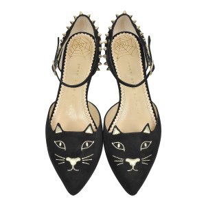 CHARLOTTE OLYMPIA Mid-Century Black Suede Kitty D'Orsay Flats