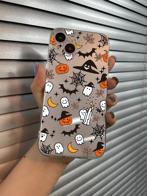 Halloween Pumpkin & Bat Print Clear Phone Case