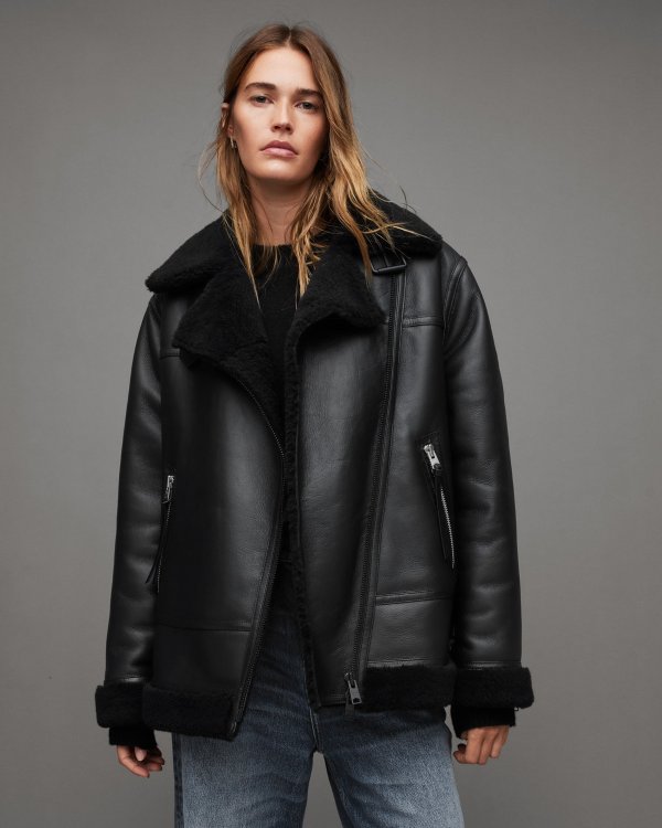 Sola Oversized Shearling Biker Jacket Black | ALLSAINTS US