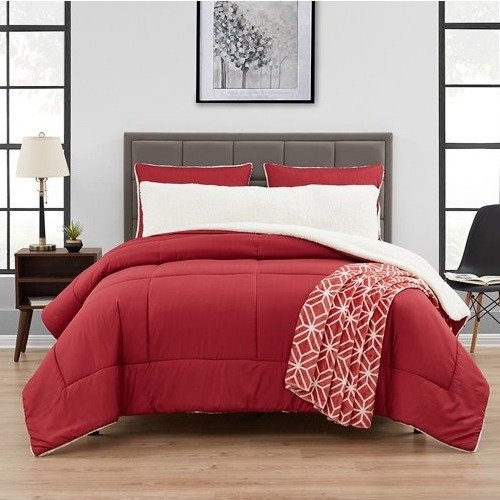 So Cozy 5-Piece Sherpa Reverse Comforter Set, Red, King