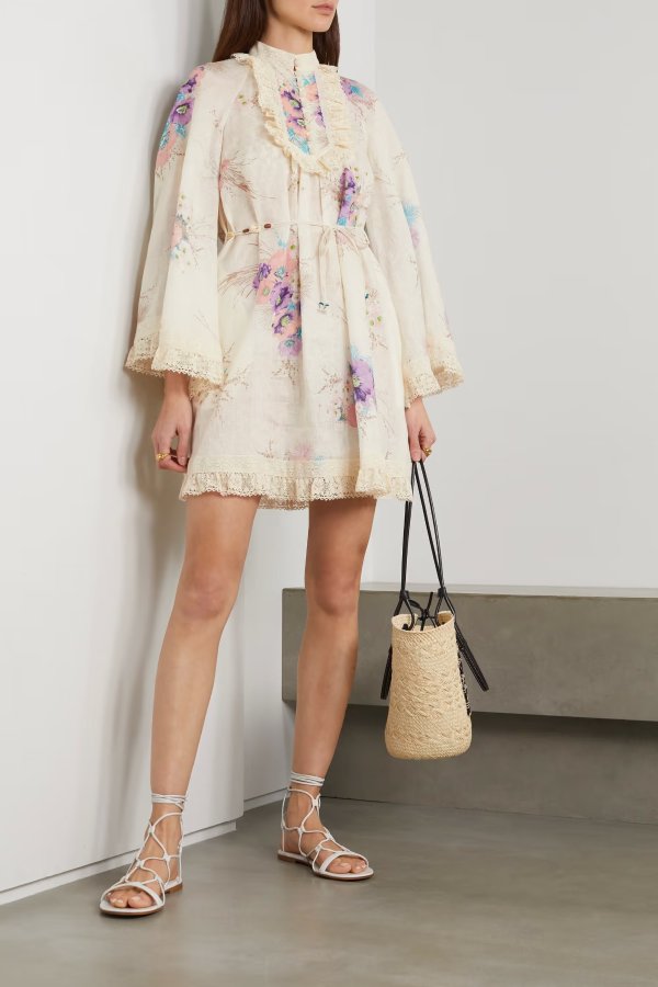 Jude belted lace-trimmed floral-print linen mini dress