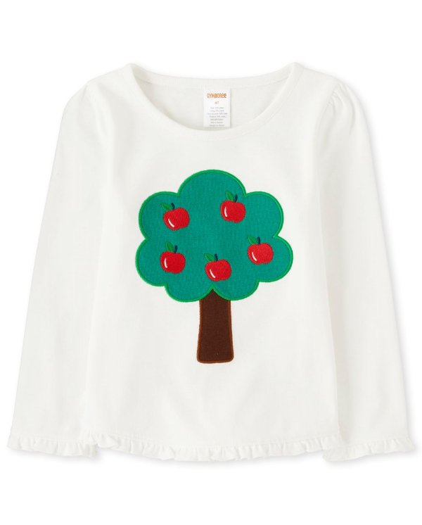 Girls Long Sleeve Embroidered Apple Tree Top - Candy Apple