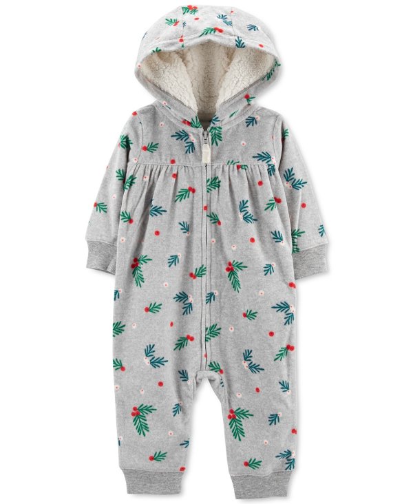 Baby Girls Holiday Holly-Print Full-Zip Fleece Jumpsuit