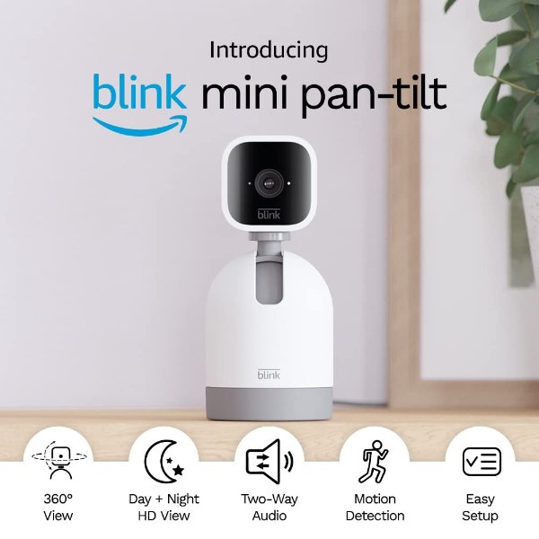 Mini Pan-Tilt Camera | Rotating indoor plug-in smart security camera, two-way audio, HD video, motion detection, Works with Alexa, (White)