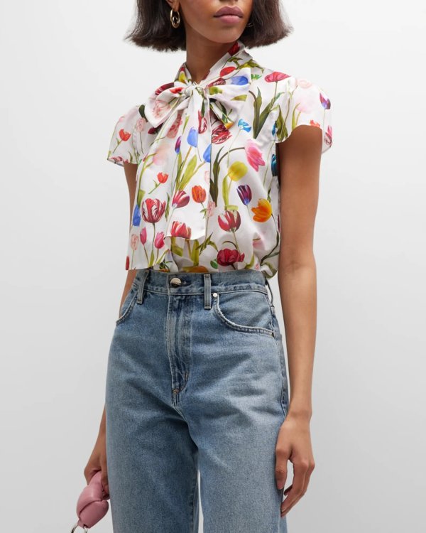 Jeannie Bow-Collar Button-Front Blouse
