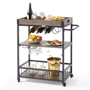 3-Tier Bar Serving Cart Rolling Trolley with Wine Grid Glass Holder 110LBS