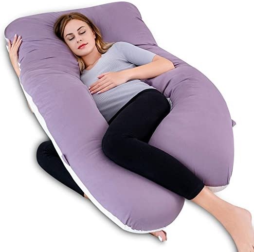 ROSE 60in Pregnancy Pillow, U-Shaped Full Body Pillow for Back Support with Satin Cover for Anyone,Purple and White