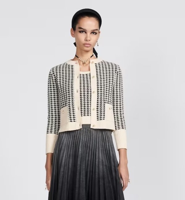 Twin-Set Black and White Houndstooth Technical Cotton Knit