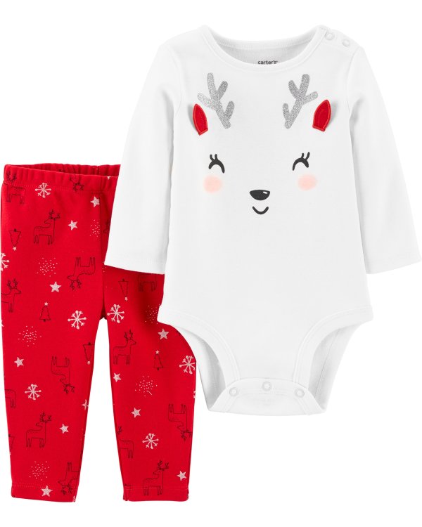 2-Piece Christmas Reindeer Bodysuit Pant Set