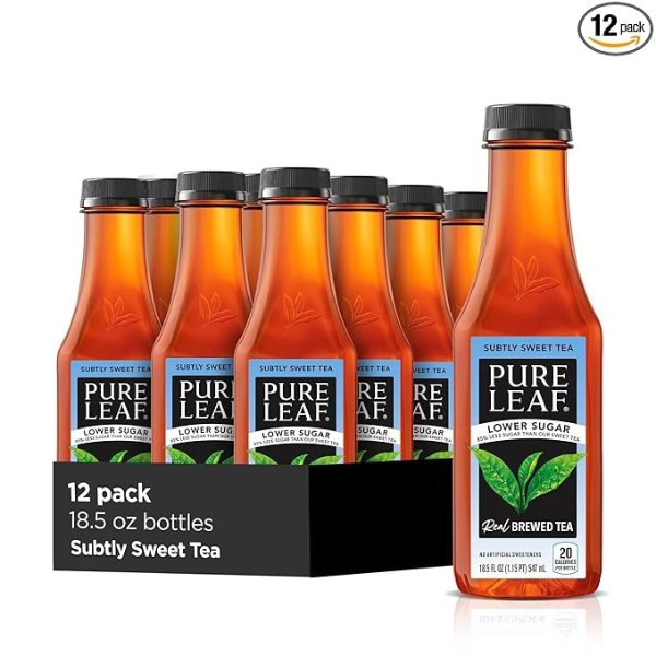 Pure Leaf Iced Tea, Subtly Sweet Tea, Lower Sugar, 18.5 Ounce Bottles (Pack of 12)