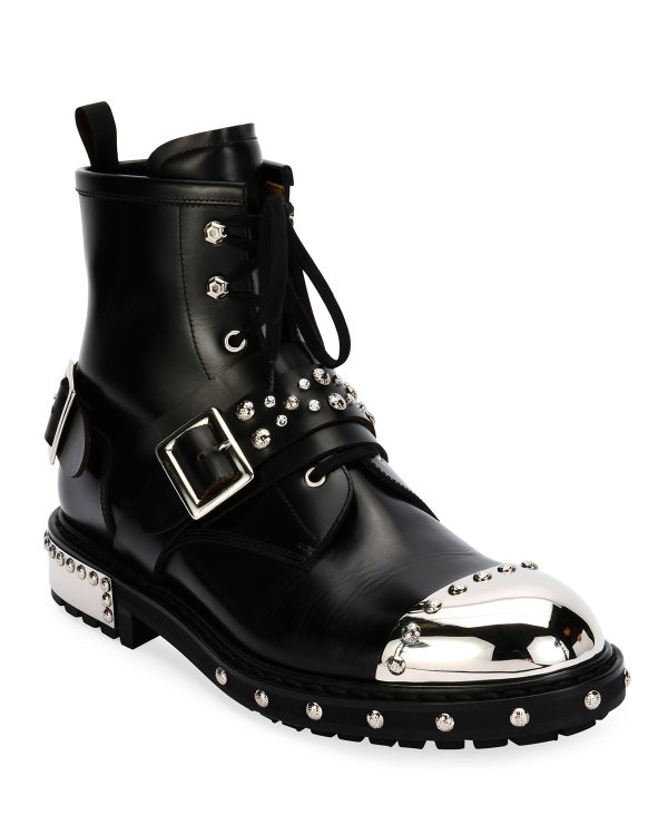 Studded Cap-Toe Leather Lace-Up Boot, Black