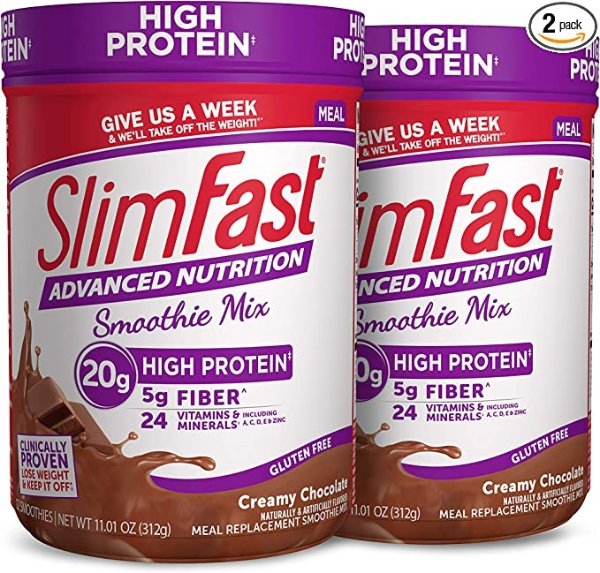 SlimFast Advanced Nutrition High Protein Meal Replacement Smoothie Mix, Creamy Chocolate, Weight Loss Powder, 20g of Protein, 12 Servings (Pack of 2)