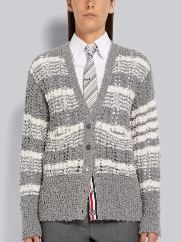 Light Grey Solid Open Rib Stitch Boucle 4-Bar Relaxed Fit V-Neck Cardigan | Thom Browne Official