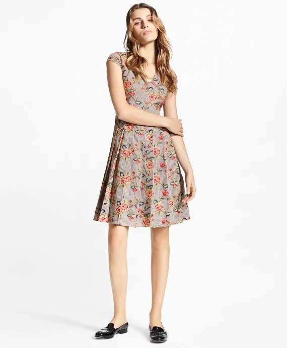 Floral-Embroidered Mini-Houndstooth Cotton Dress - Brooks Brothers